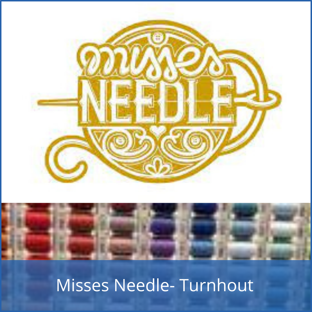 Foto op de sectorpagina voor Wol en naaiwinkels. Foto is het logo van de klant Naaiatelier Misses Needle met als achtergrond naaigaren in verschillende kleuren.